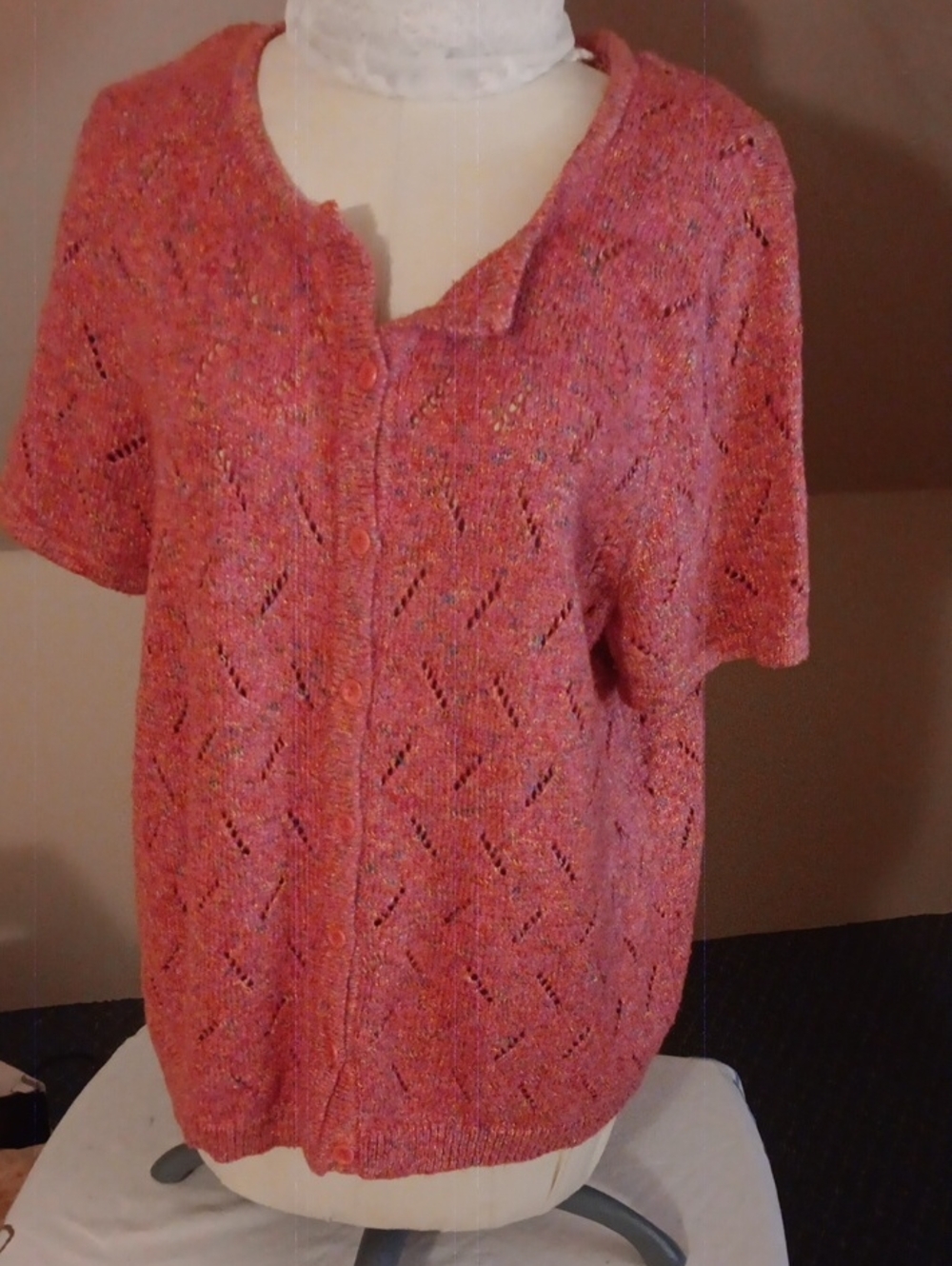 Christopher & Banks Coral Openwork Button-Front Short-Sleeved Sweater